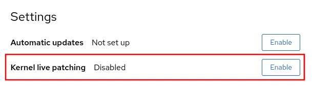 RHEL web console "Settings" options with "Kernel live patching" set to disabled and highlighted with a red box.