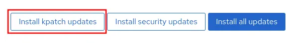 RHEL web console "Install kpatch updates" button highlighted with a red box.