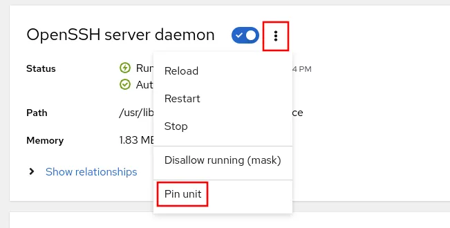 RHEL web console OpenSSH server daemon dialog, with the services menu opened and "Pin unit" highlighted with a red box.