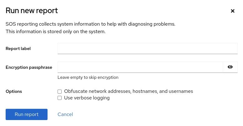 RHEL web console "Run new report" options.