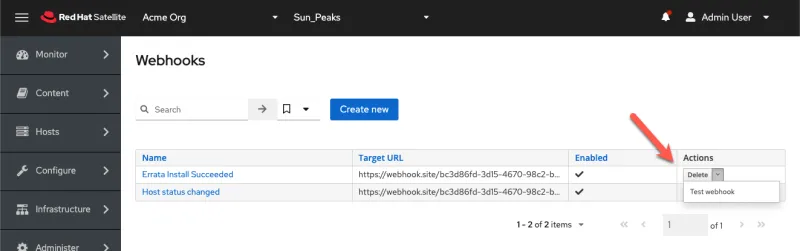 Screenshot of selecting the "Test webhook" option