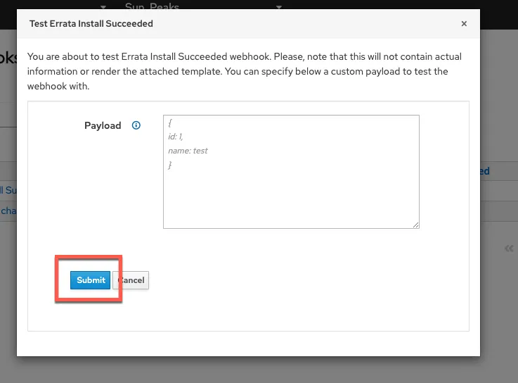 Screenshot of a "Test Errata Install Succeeded" dialog with the "Submit" button highlighted