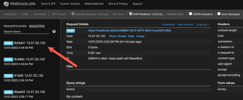 Screenshot of an event at webhook.site
