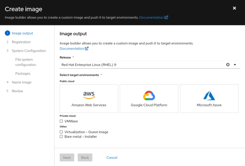 Create Image initial landing page
