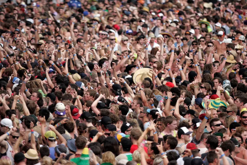 A photograph of a large crowd at an event such as a concert or a football game.