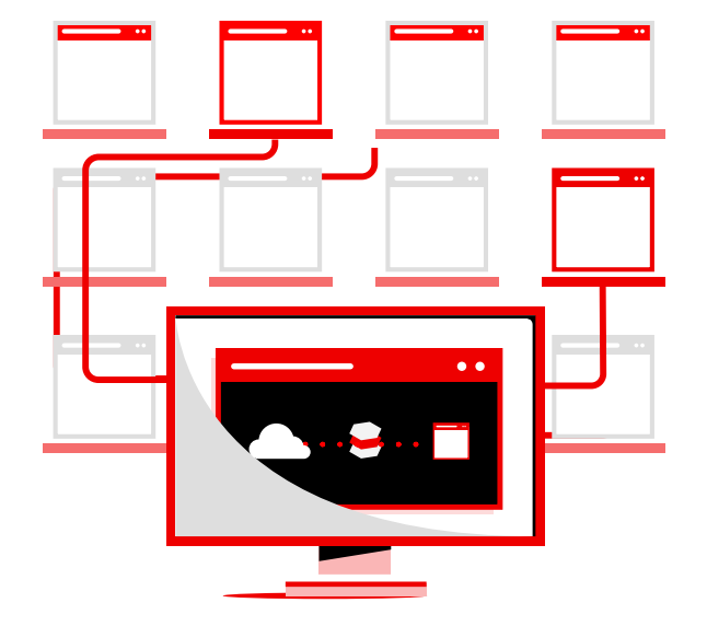 a central monitor displaying a cloud and server icon, connected by red lines to a grid of twelve smaller, mostly gray, website browser windows.