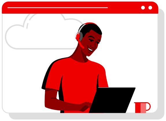 person wearing a red shirt and a headset, working on a laptop with a coffee mug nearby, framed by a browser window with a cloud outline in the background.