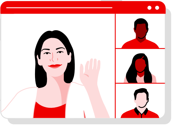 a person smiling and waving on a large video conference call screen, with three smaller video tiles showing the faces of other participants.