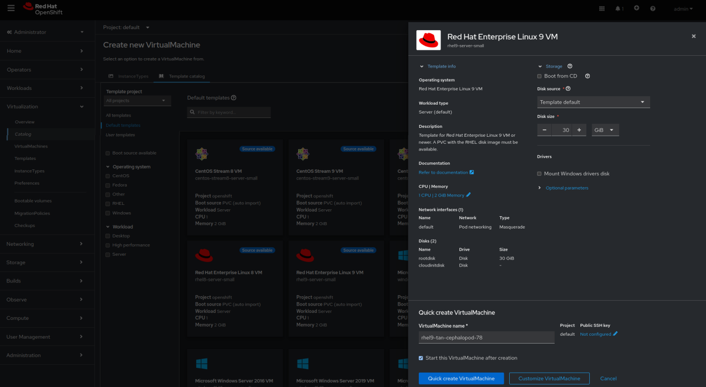 Screenshot of how to provision VMs using default or customized templates in the web console.